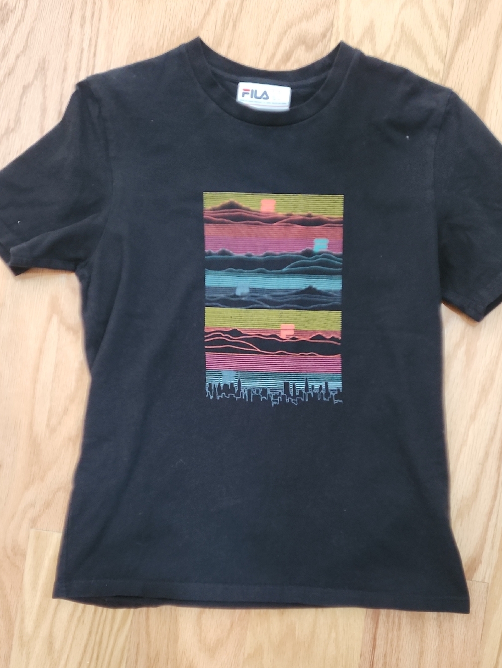 Fila Black Tee with Multicolor Skyline & Striped Landscape Graphic Small